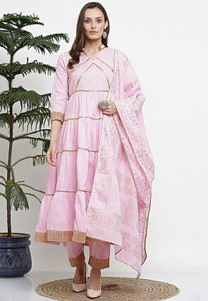 Gota Embellished Cotton Tiered Pakistani Suit in Pink