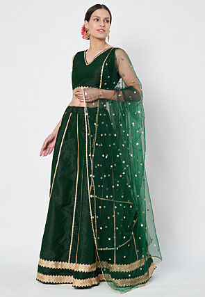 Gota Embellished Dupion Silk Lehenga in Dark Green