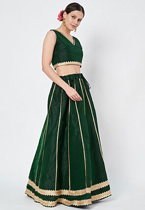 Gota Embellished Dupion Silk Lehenga in Dark Green