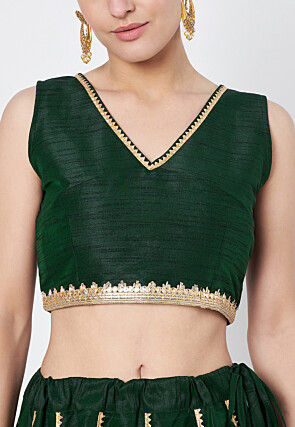 Gota Embellished Dupion Silk Lehenga in Dark Green