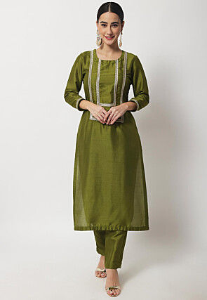 Gota Embellished Dupion Silk Straight Kurta Set in Olive Green