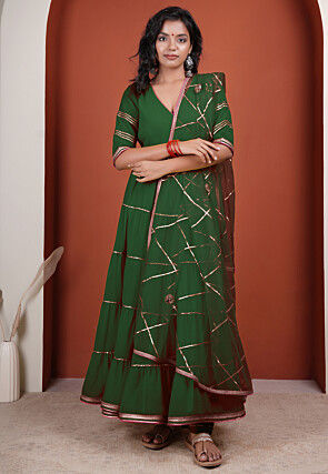 Gota Embellished Georgette Abaya Style Suit in Dark Green