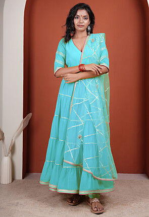 Gota Embellished Georgette Abaya Style Suit in Sky Blue