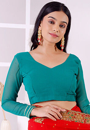 Gota Embellished Georgette Blouse in Teal Blue