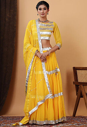 Buy Yellow Georgette Festival Wear Gota Patti work Lehenga Choli Online  From Wholesale Salwar.