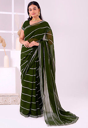 Gota Embellished Georgette Saree in Dark Olive Green