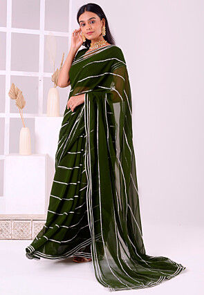 Gota Embellished Georgette Saree in Dark Olive Green