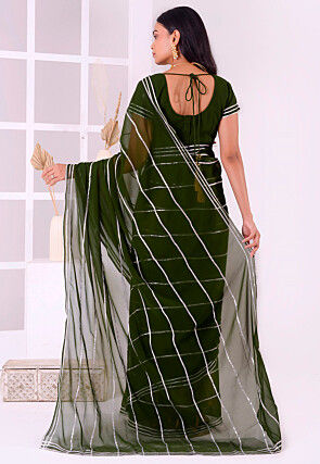 Gota Embellished Georgette Saree in Dark Olive Green