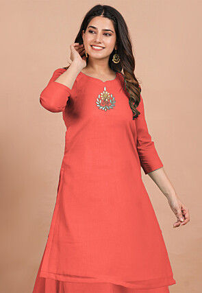 Gota Embellished Georgette Straight Kurta in Coral