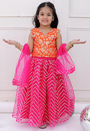 Gota Embellished Net Lehenga in Fuchsia