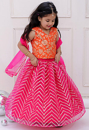 Gota Embellished Net Lehenga in Fuchsia