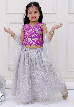 Gota Embellished Net Lehenga in Grey