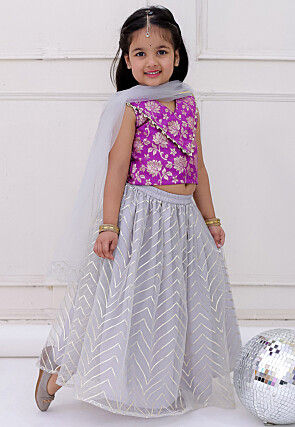 Gota Embellished Net Lehenga in Grey