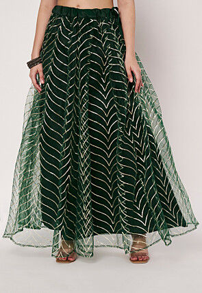 Gota Embellished Net Skirt in Dark Green