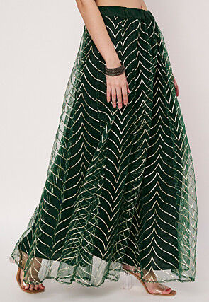 Gota Embellished Net Skirt in Dark Green