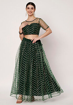 Gota Embellished Net Skirt in Dark Green