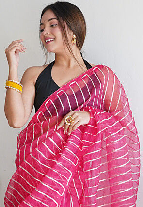 Gota Embellished Organza Saree in Fuchsia