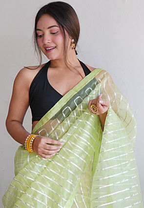 Gota Embellished Organza Saree in Light Green