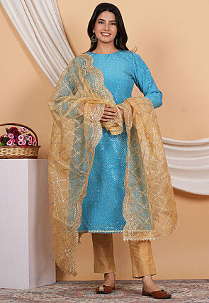 Gota Embellished Organza Scalloped Dupatta in Beige