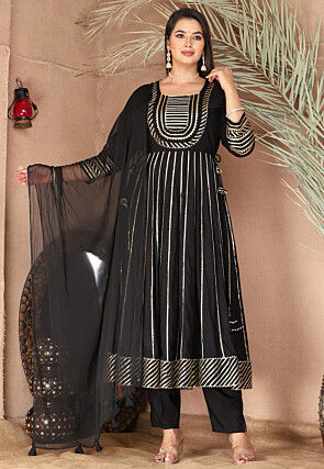 Gota Embellished Pure Rayon Anarkali Suit in Black