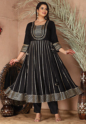 Gota Embellished Pure Rayon Anarkali Suit in Black