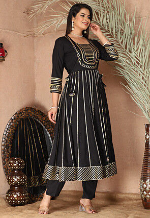 Gota Embellished Pure Rayon Anarkali Suit in Black