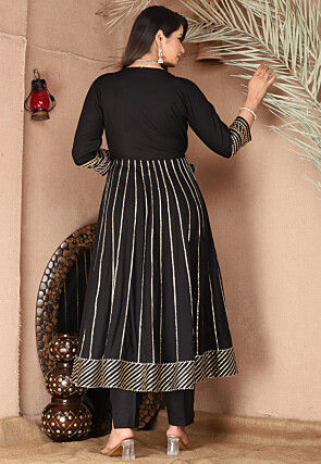 Gota Embellished Pure Rayon Anarkali Suit in Black