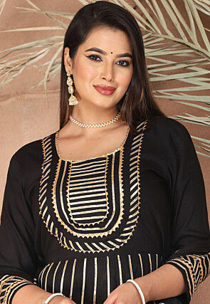 Gota Embellished Pure Rayon Anarkali Suit in Black