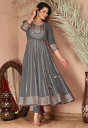 Gota Embellished Pure Rayon Anarkali Suit in Grey