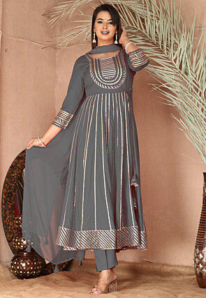 Gota Embellished Pure Rayon Anarkali Suit in Grey