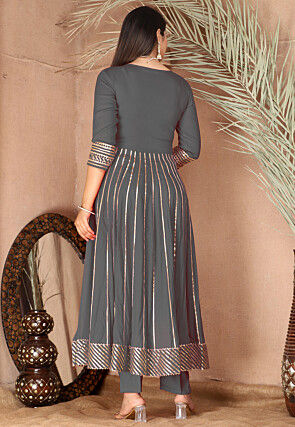 Gota Embellished Pure Rayon Anarkali Suit in Grey