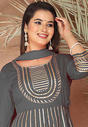 Gota Embellished Pure Rayon Anarkali Suit in Grey