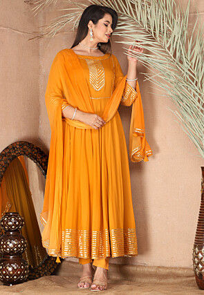 Gota Embellished Pure Rayon Anarkali Suit in Mustard