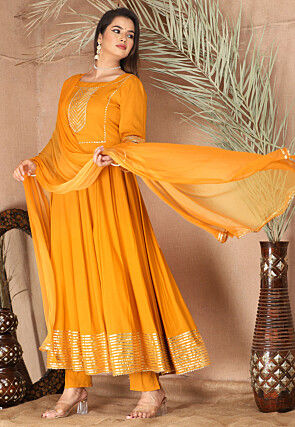 Gota Embellished Pure Rayon Anarkali Suit in Mustard