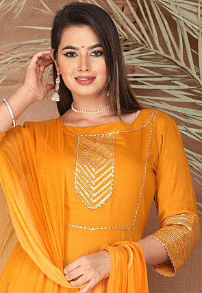 Gota Embellished Pure Rayon Anarkali Suit in Mustard