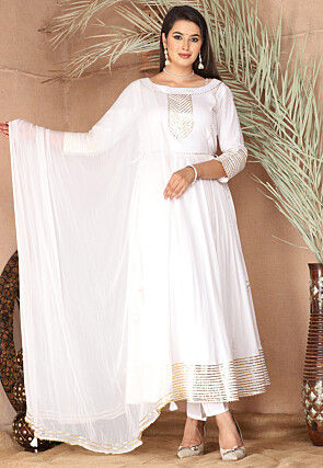 Gota Embellished Pure Rayon Anarkali Suit in Off White