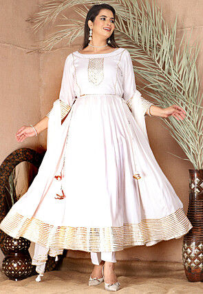 Gota Embellished Pure Rayon Anarkali Suit in Off White