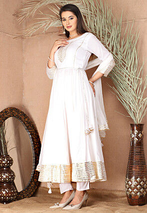 Gota Embellished Pure Rayon Anarkali Suit in Off White