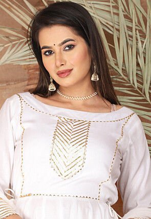 Gota Embellished Pure Rayon Anarkali Suit in Off White
