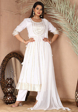 Gota Embellished Pure Rayon Anarkali Suit in Off White