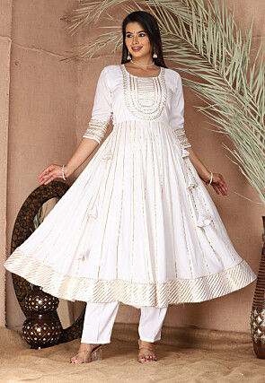 Gota Embellished Pure Rayon Anarkali Suit in Off White