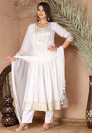 Gota Embellished Pure Rayon Anarkali Suit in Off White