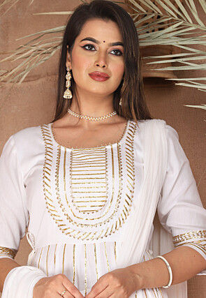 Gota Embellished Pure Rayon Anarkali Suit in Off White