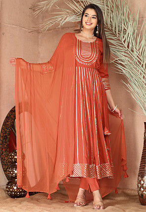 Gota Embellished Pure Rayon Anarkali Suit in Orange