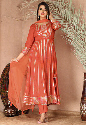 Gota Embellished Pure Rayon Anarkali Suit in Orange