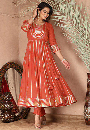 Gota Embellished Pure Rayon Anarkali Suit in Orange