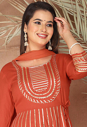 Gota Embellished Pure Rayon Anarkali Suit in Orange