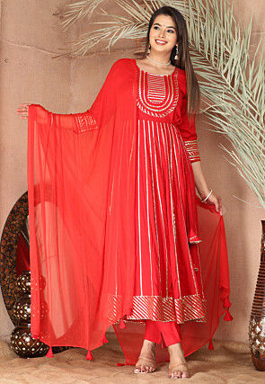 Gota Embellished Pure Rayon Anarkali Suit in Red