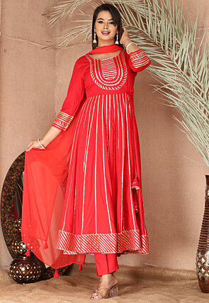 Gota Embellished Pure Rayon Anarkali Suit in Red