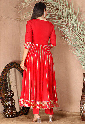 Gota Embellished Pure Rayon Anarkali Suit in Red